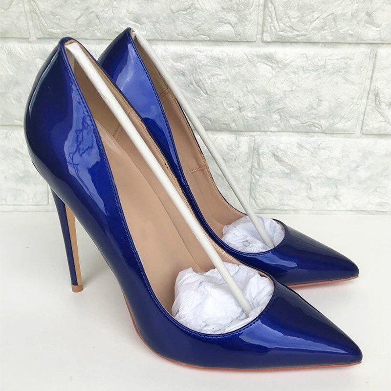 Tikicup Dark Blue Women Patent Pointed Toe Stiletto High Heels Elegant Ladies Slip On Wedding Pumps Shoes Plus Size 34-45 - Luzilly Bridal & Apparel