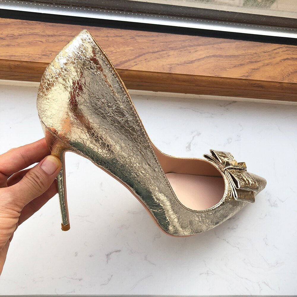 Tikicup Soft Matte Gold Women Pointy Toe High Heel Wedding Bride Shoes with Bow Shiny Stiletto Pumps Large Size 43 44 45 - Luzilly Bridal & Apparel