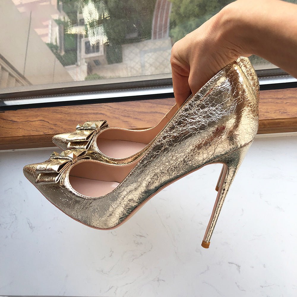 Tikicup Soft Matte Gold Women Pointy Toe High Heel Wedding Bride Shoes with Bow Shiny Stiletto Pumps Large Size 43 44 45 - Luzilly Bridal & Apparel