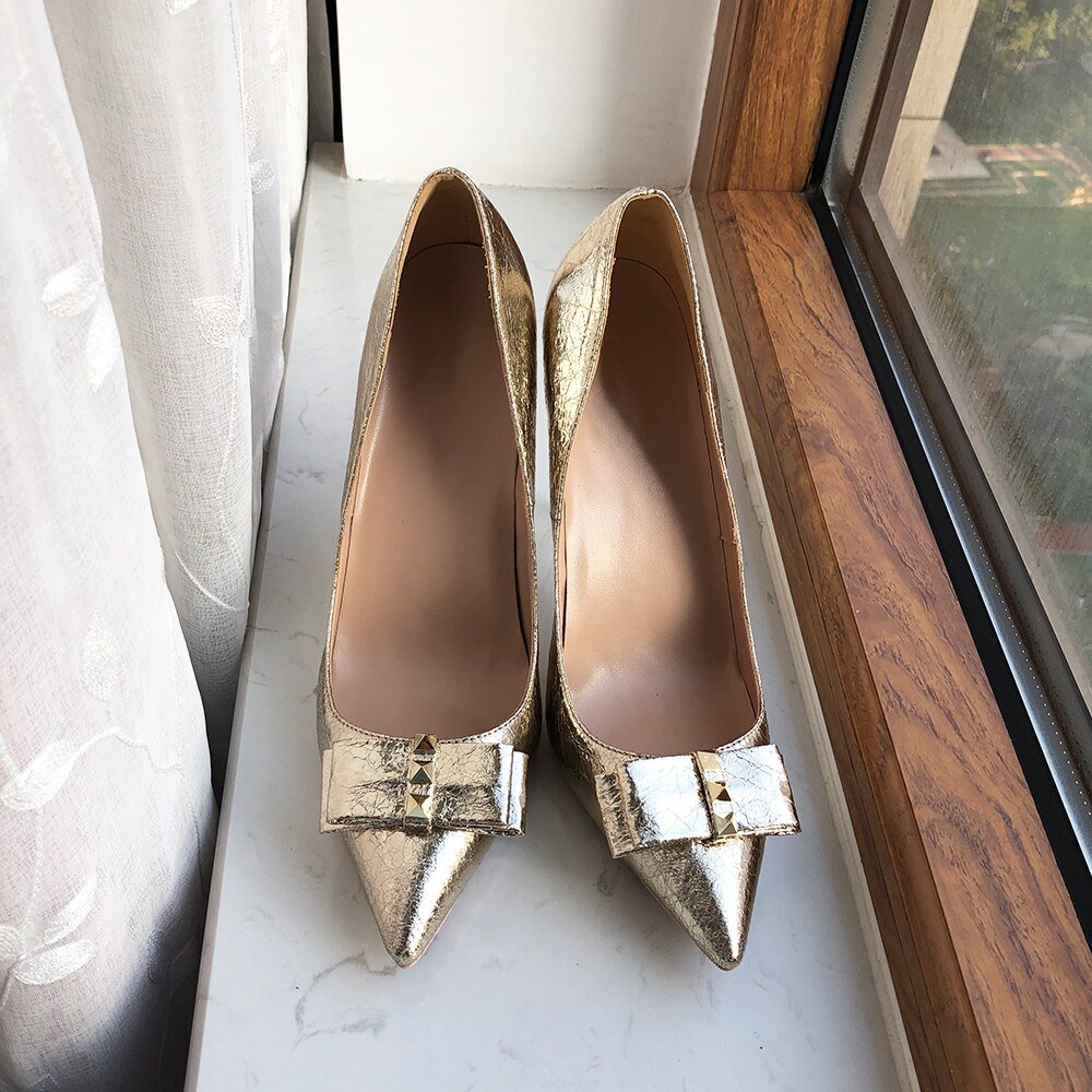 Tikicup Soft Matte Gold Women Pointy Toe High Heel Wedding Bride Shoes with Bow Shiny Stiletto Pumps Large Size 43 44 45 - Luzilly Bridal & Apparel
