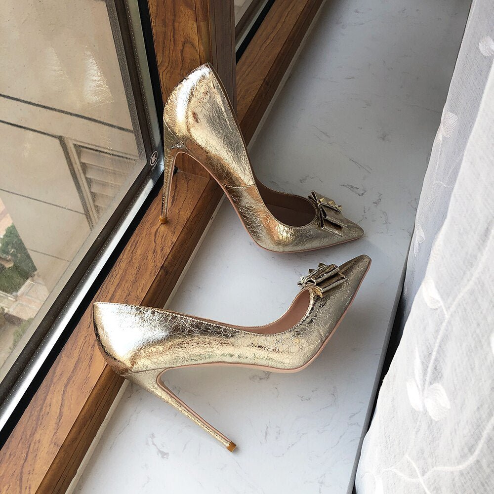Tikicup Soft Matte Gold Women Pointy Toe High Heel Wedding Bride Shoes with Bow Shiny Stiletto Pumps Large Size 43 44 45 - Luzilly Bridal & Apparel