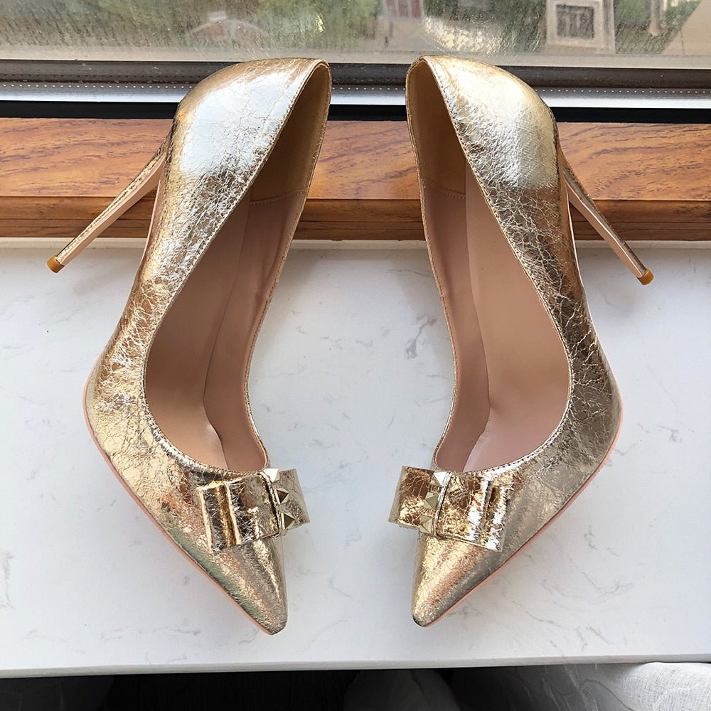 Tikicup Soft Matte Gold Women Pointy Toe High Heel Wedding Bride Shoes with Bow Shiny Stiletto Pumps Large Size 43 44 45 - Luzilly Bridal & Apparel