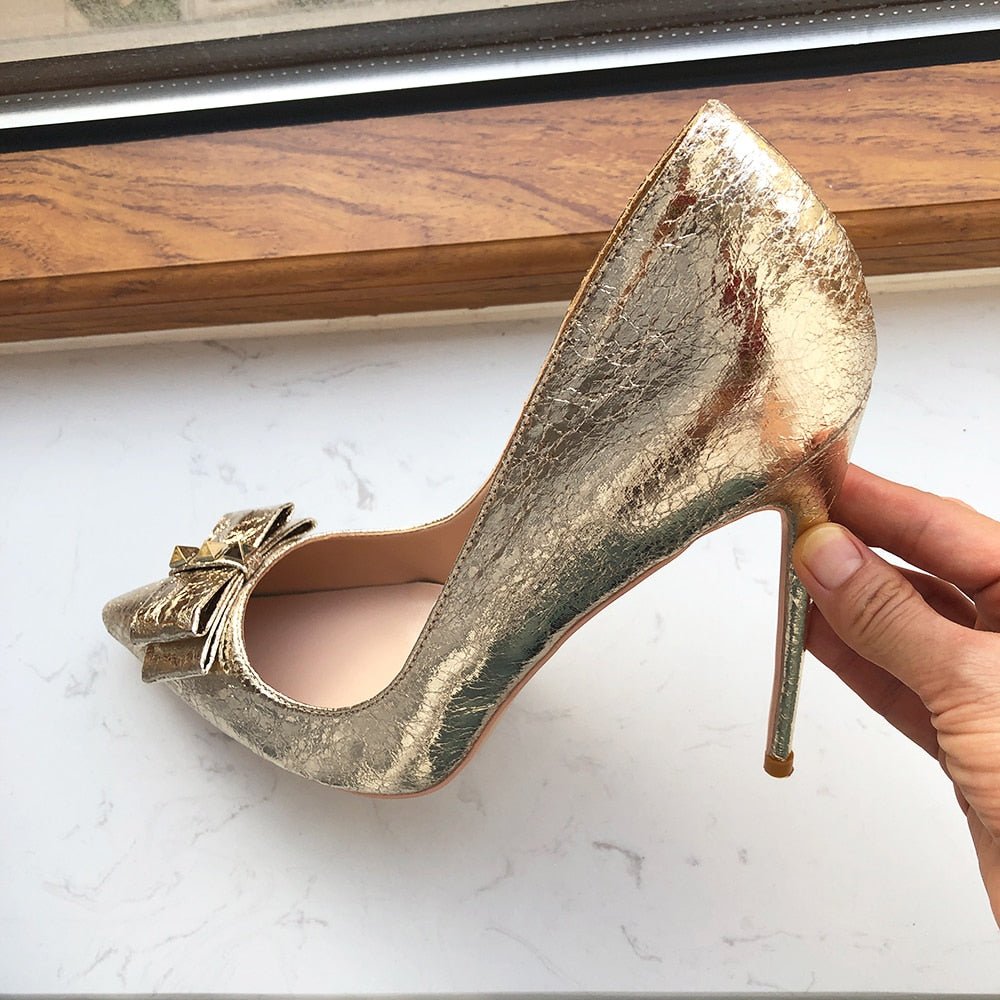 Tikicup Soft Matte Gold Women Pointy Toe High Heel Wedding Bride Shoes with Bow Shiny Stiletto Pumps Large Size 43 44 45 - Luzilly Bridal & Apparel