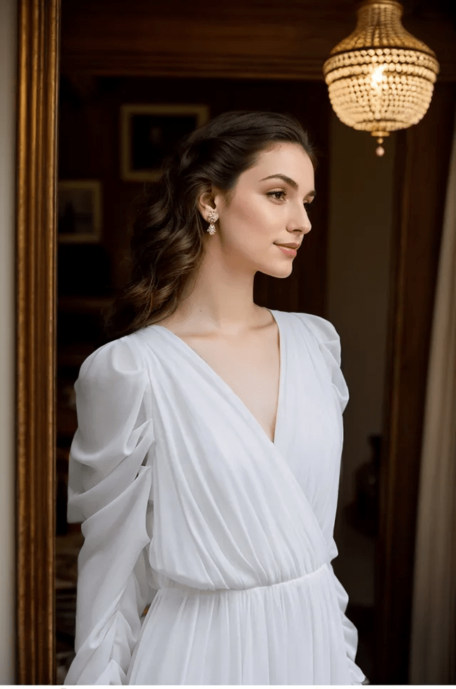 Timeless Chiffon Long Sleeve Wedding Gown with Draped Sleeves and Deep V Back - Luzilly Bridal & Apparel
