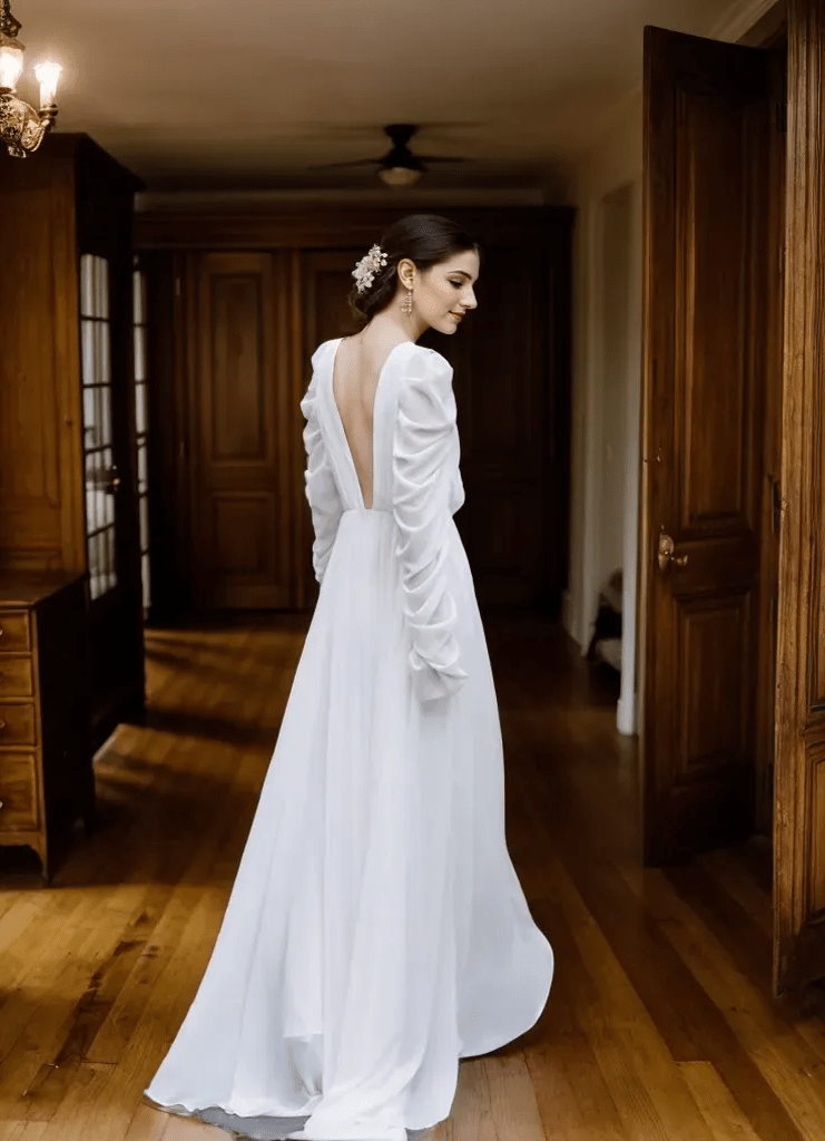 Timeless Chiffon Long Sleeve Wedding Gown with Draped Sleeves and Deep V Back - Luzilly Bridal & Apparel