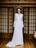 Timeless Chiffon Long Sleeve Wedding Gown with Draped Sleeves and Deep V Back - Luzilly Bridal & Apparel