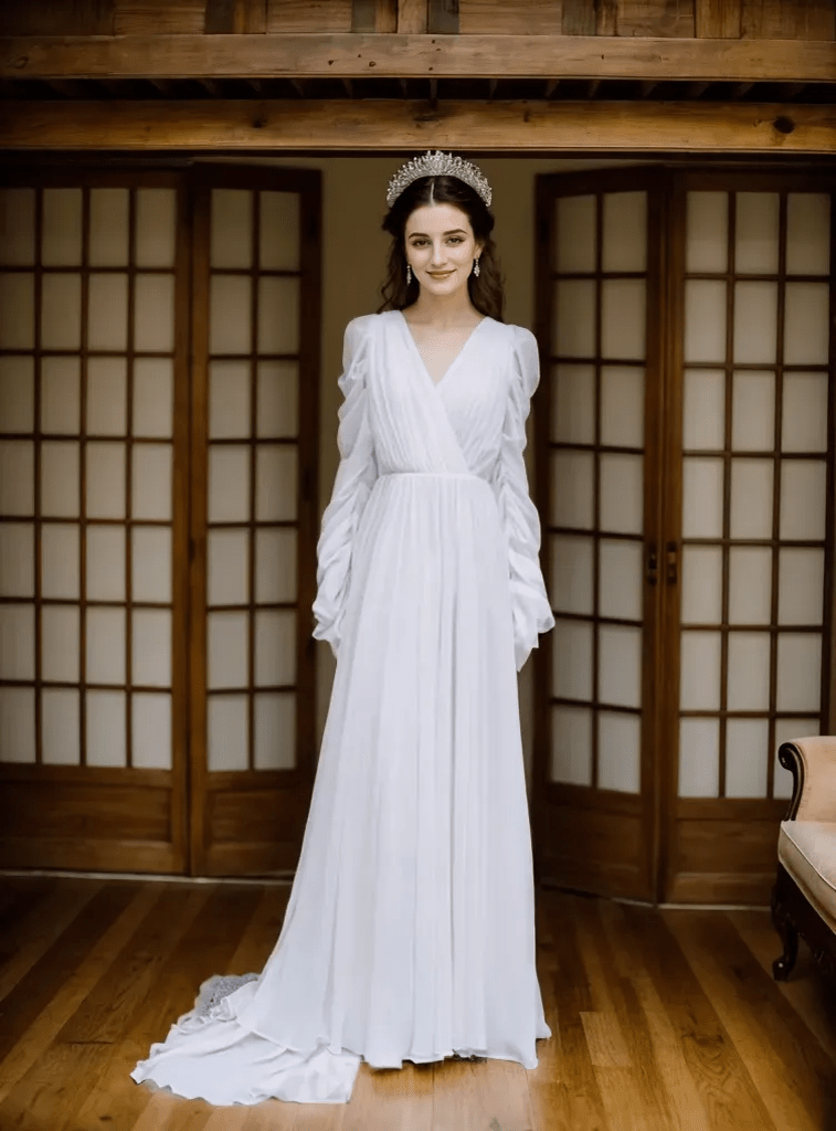 Timeless Chiffon Long Sleeve Wedding Gown with Draped Sleeves and Deep V Back - Luzilly Bridal & Apparel