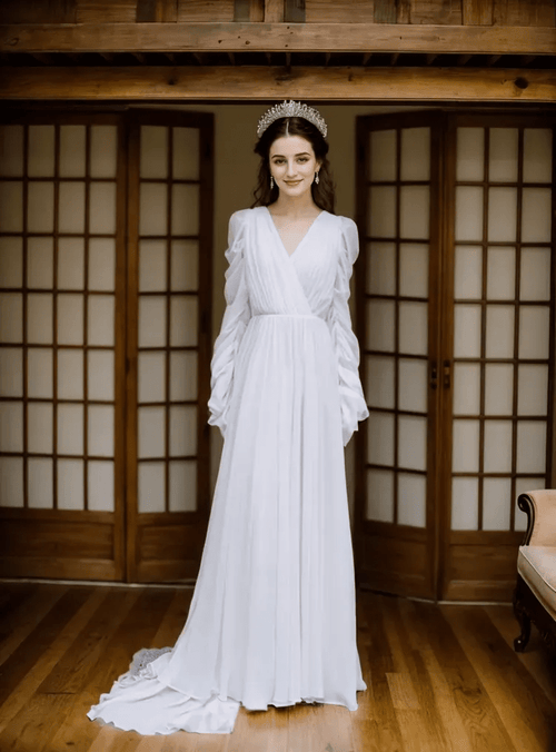 Timeless Chiffon Long Sleeve Wedding Gown with Draped Sleeves and Deep V Back - Luzilly Bridal & Apparel