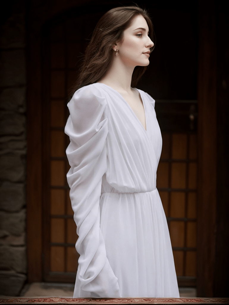 Timeless Chiffon Long Sleeve Wedding Gown with Draped Sleeves and Deep V Back - Luzilly Bridal & Apparel