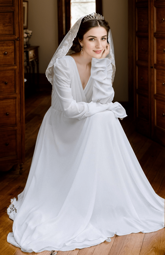 Timeless Chiffon Long Sleeve Wedding Gown with Draped Sleeves and Deep V Back - Luzilly Bridal & Apparel
