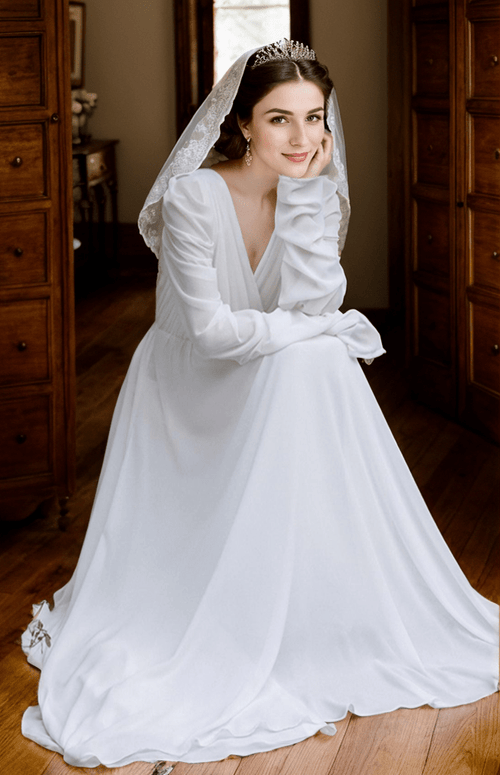 Timeless Chiffon Long Sleeve Wedding Gown with Draped Sleeves and Deep V Back - Luzilly Bridal & Apparel