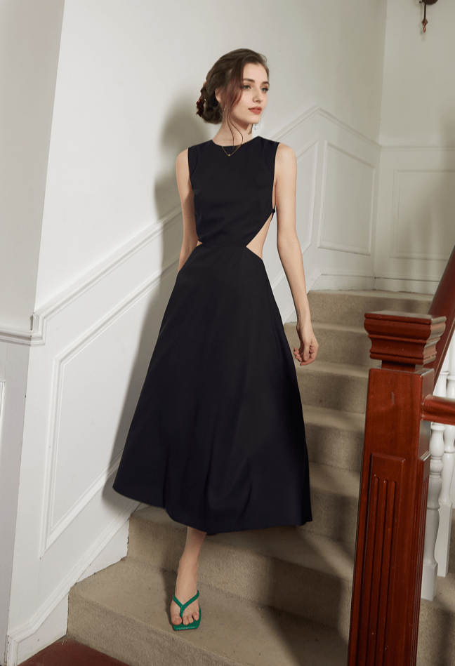 Timeless Elegance Backless Satin Midi Dress with Intricate Cutout - Luzilly Bridal & Apparel