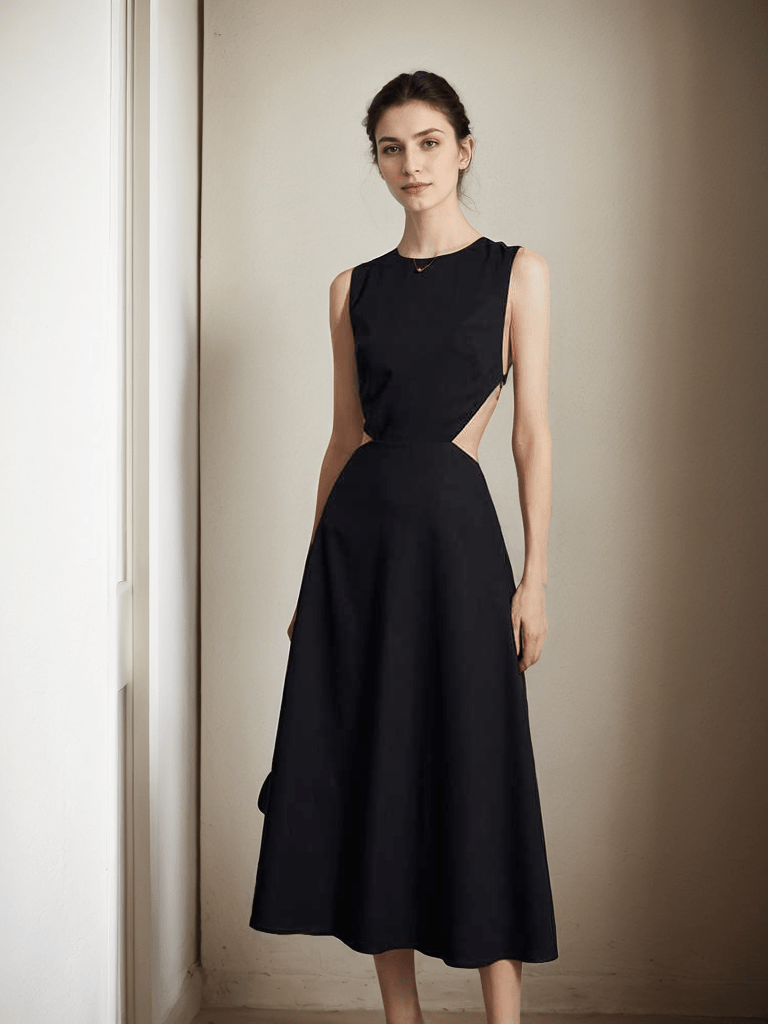 Timeless Elegance Backless Satin Midi Dress with Intricate Cutout - Luzilly Bridal & Apparel