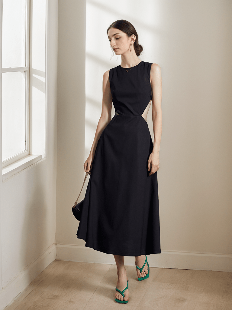 Timeless Elegance Backless Satin Midi Dress with Intricate Cutout - Luzilly Bridal & Apparel