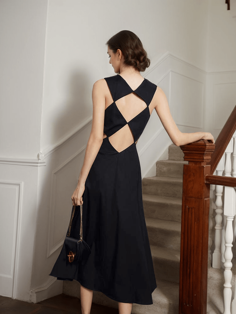 Timeless Elegance Backless Satin Midi Dress with Intricate Cutout - Luzilly Bridal & Apparel
