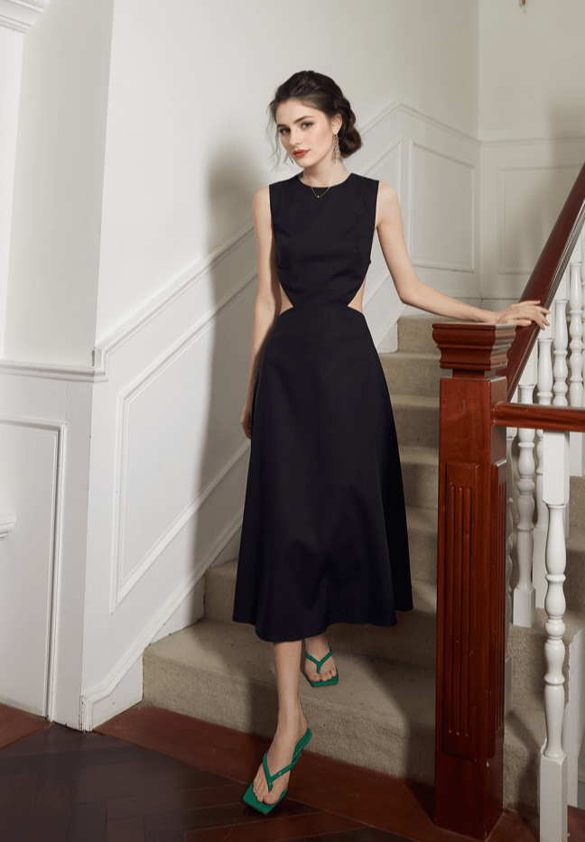 Timeless Elegance Backless Satin Midi Dress with Intricate Cutout - Luzilly Bridal & Apparel