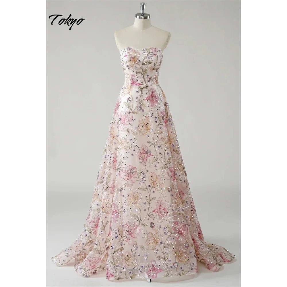 Tokyo Customized Pink Strapless Wedding Dresses Sleeveless Flower Back Zip Bridal Gowns Elegant A-Line Court Train Wedding Gowns - Luzilly Bridal & Apparel