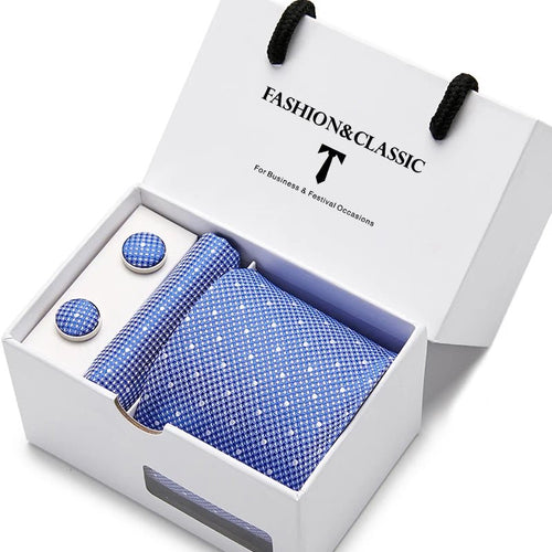 Top Grade Fashion Blue Dot Tie Pocket Square Cufflinks Set For Men Gift Box Wedding Gravatas Fit Formal Party - Luzilly Bridal & Apparel
