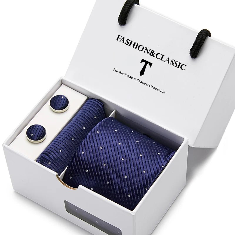 Top Grade Fashion Blue Dot Tie Pocket Square Cufflinks Set For Men Gift Box Wedding Gravatas Fit Formal Party - Luzilly Bridal & Apparel