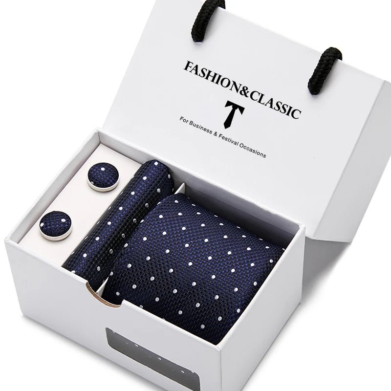 Top Grade Fashion Blue Dot Tie Pocket Square Cufflinks Set For Men Gift Box Wedding Gravatas Fit Formal Party - Luzilly Bridal & Apparel