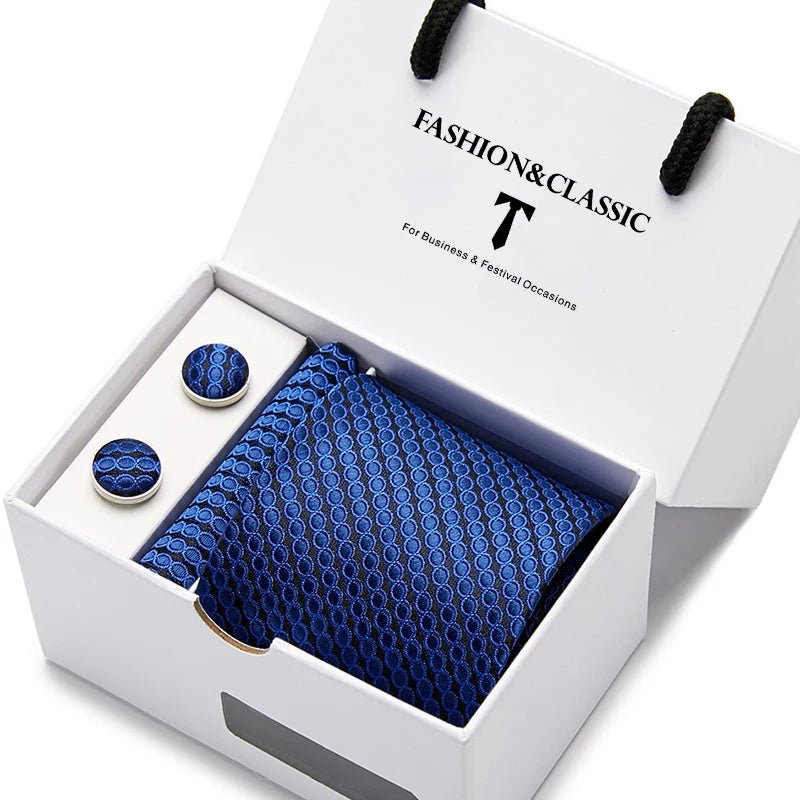 Top Grade Fashion Blue Dot Tie Pocket Square Cufflinks Set For Men Gift Box Wedding Gravatas Fit Formal Party - Luzilly Bridal & Apparel