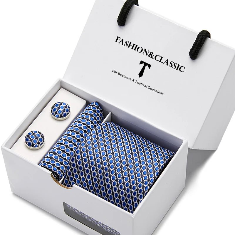 Top Grade Fashion Blue Dot Tie Pocket Square Cufflinks Set For Men Gift Box Wedding Gravatas Fit Formal Party - Luzilly Bridal & Apparel