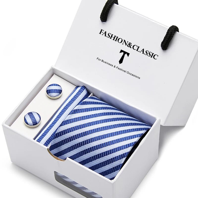 Top Grade Fashion Blue Dot Tie Pocket Square Cufflinks Set For Men Gift Box Wedding Gravatas Fit Formal Party - Luzilly Bridal & Apparel