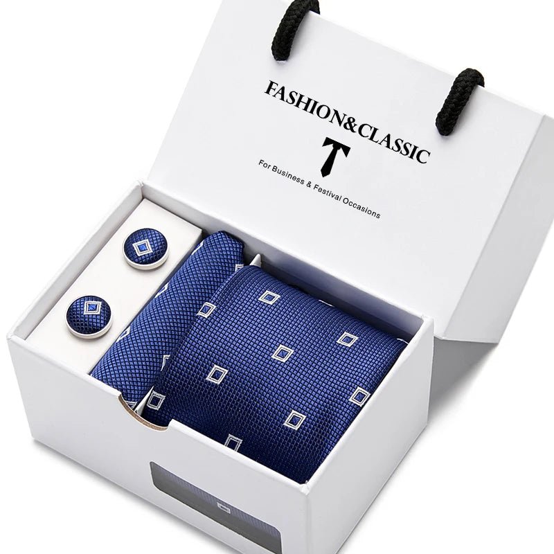 Top Grade Fashion Blue Dot Tie Pocket Square Cufflinks Set For Men Gift Box Wedding Gravatas Fit Formal Party - Luzilly Bridal & Apparel