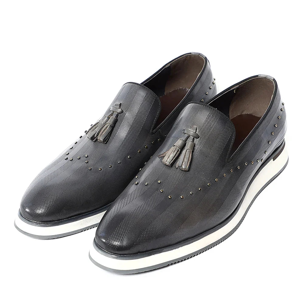 Top Grade Luxury Men's Genuine Leather Loafers | Original Stripe Rivets & Tassel Casual Flat Shoes - Luzilly Bridal & Apparel