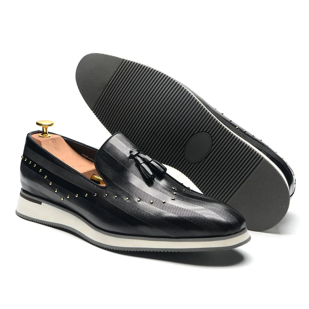 Top Grade Luxury Men's Genuine Leather Loafers | Original Stripe Rivets & Tassel Casual Flat Shoes - Luzilly Bridal & Apparel