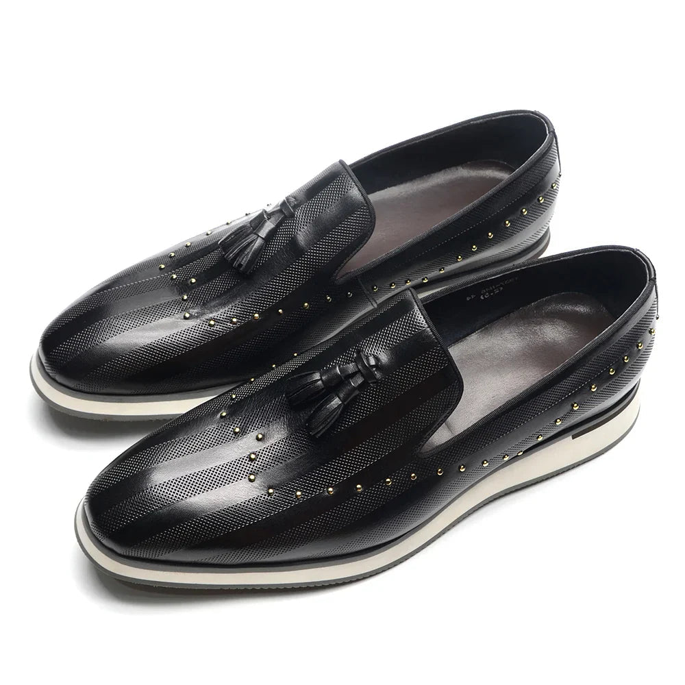 Top Grade Luxury Men's Genuine Leather Loafers | Original Stripe Rivets & Tassel Casual Flat Shoes - Luzilly Bridal & Apparel