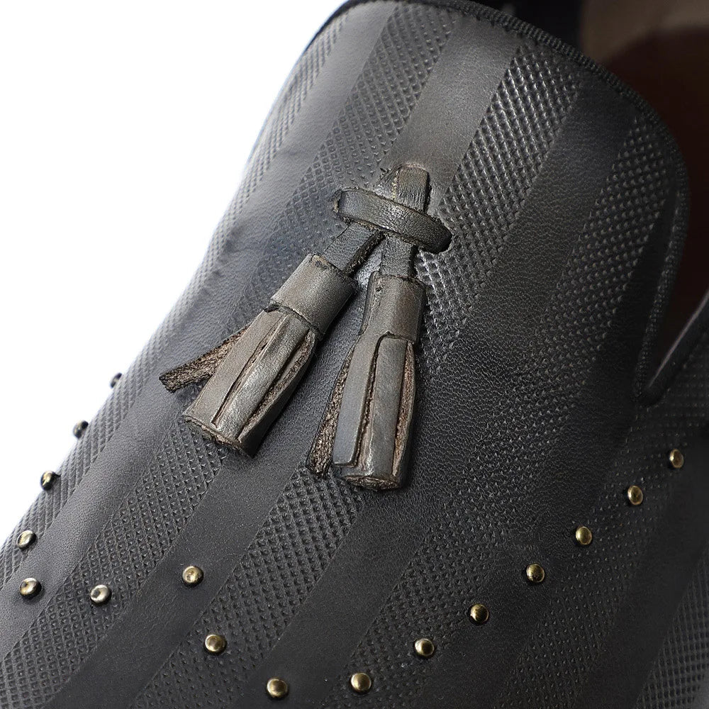 Top Grade Luxury Men's Genuine Leather Loafers | Original Stripe Rivets & Tassel Casual Flat Shoes - Luzilly Bridal & Apparel
