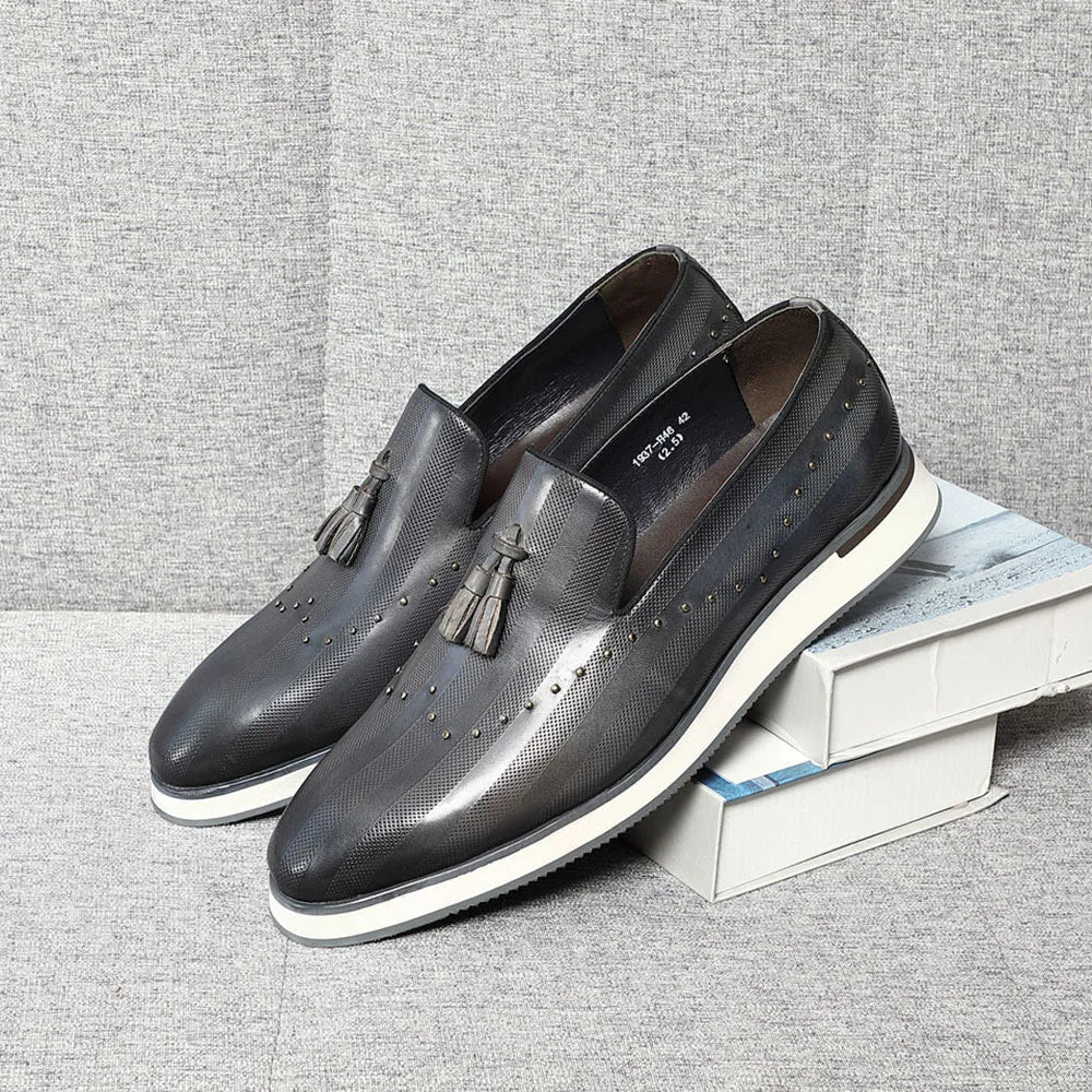 Top Grade Luxury Men's Genuine Leather Loafers | Original Stripe Rivets & Tassel Casual Flat Shoes - Luzilly Bridal & Apparel