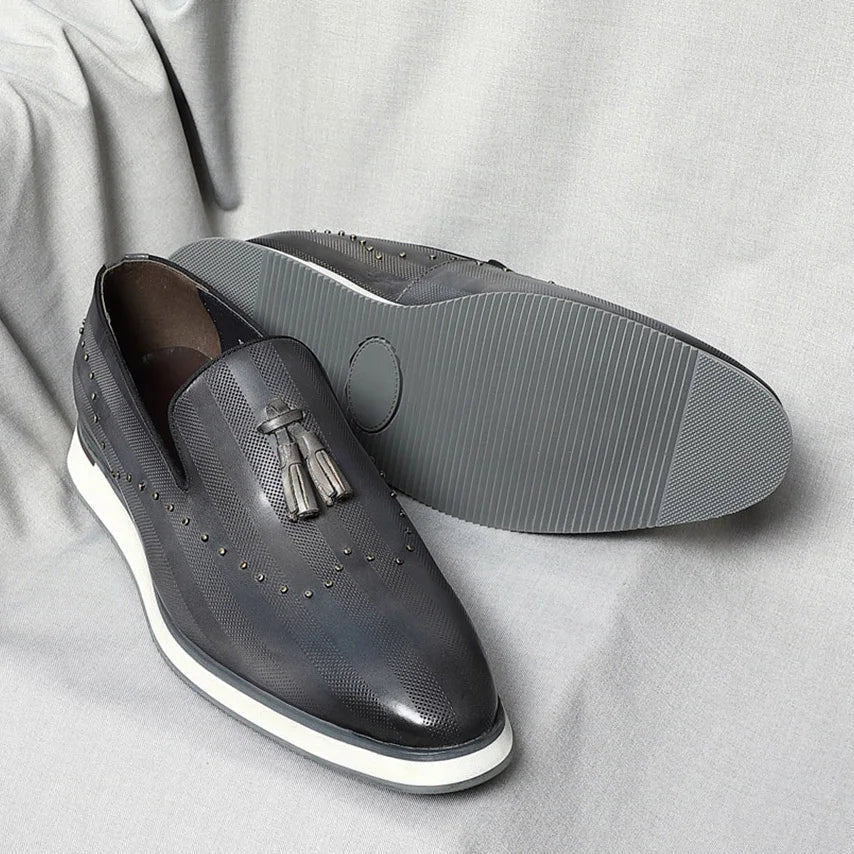 Top Grade Luxury Men's Genuine Leather Loafers | Original Stripe Rivets & Tassel Casual Flat Shoes - Luzilly Bridal & Apparel