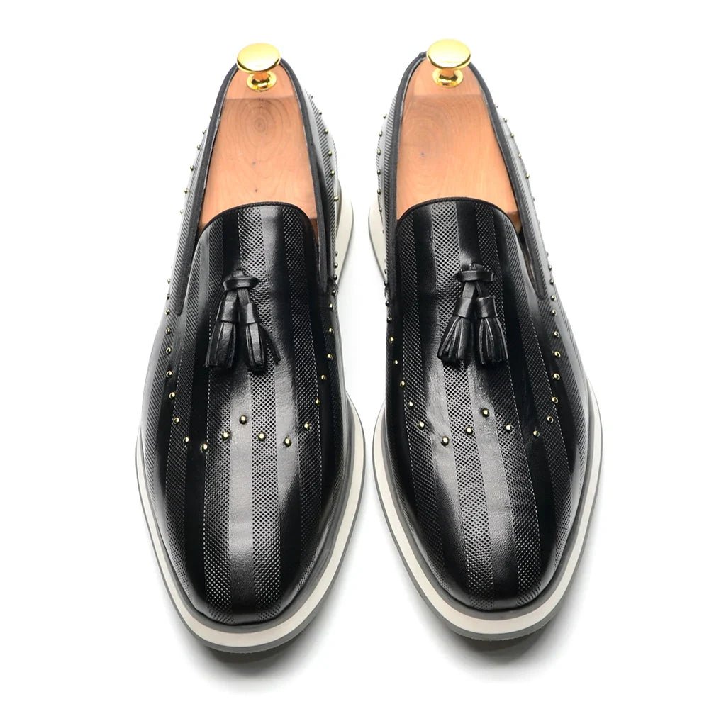 Top Grade Luxury Men's Genuine Leather Loafers | Original Stripe Rivets & Tassel Casual Flat Shoes - Luzilly Bridal & Apparel