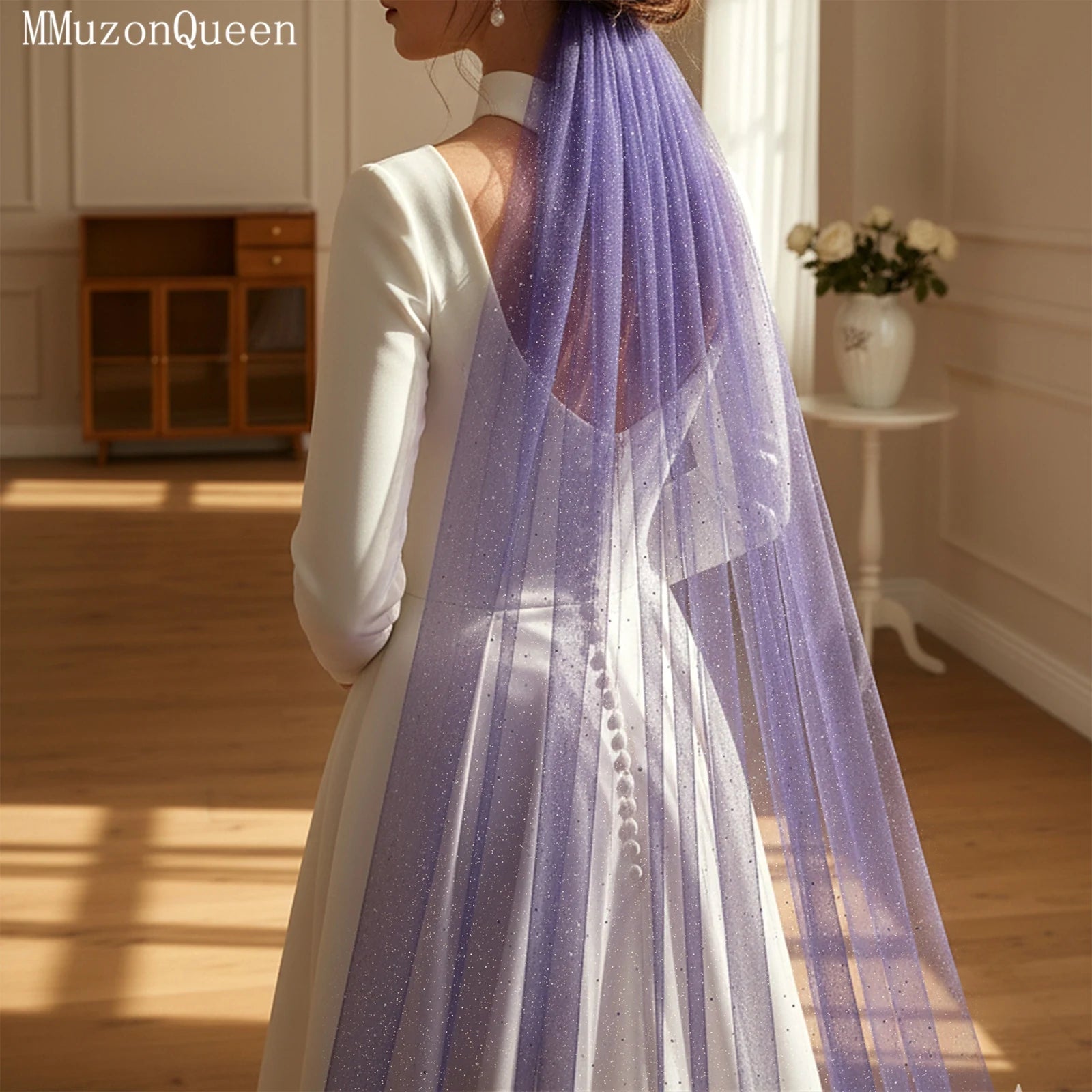 TOPQUEEN Luxury Velo De Novia Bridal Veil Starlight veil Light Purple Bridal Dress Color Wedding Props Can Be Customized V268 - Luzilly Bridal & Apparel