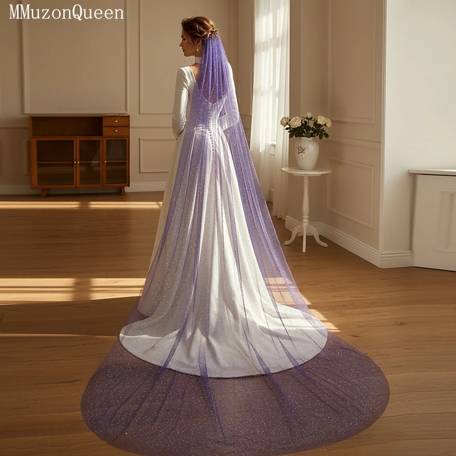 TOPQUEEN Luxury Velo De Novia Bridal Veil Starlight veil Light Purple Bridal Dress Color Wedding Props Can Be Customized V268 - Luzilly Bridal & Apparel