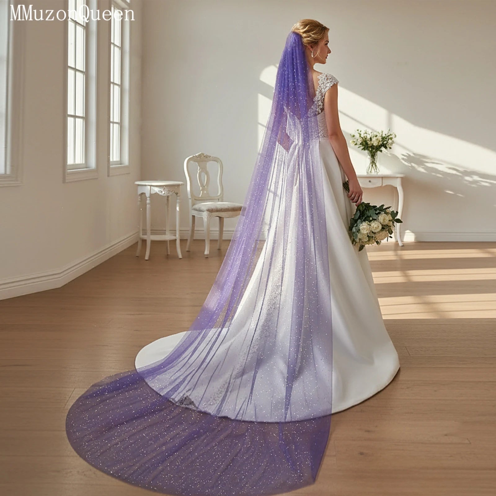 TOPQUEEN Luxury Velo De Novia Bridal Veil Starlight veil Light Purple Bridal Dress Color Wedding Props Can Be Customized V268 - Luzilly Bridal & Apparel