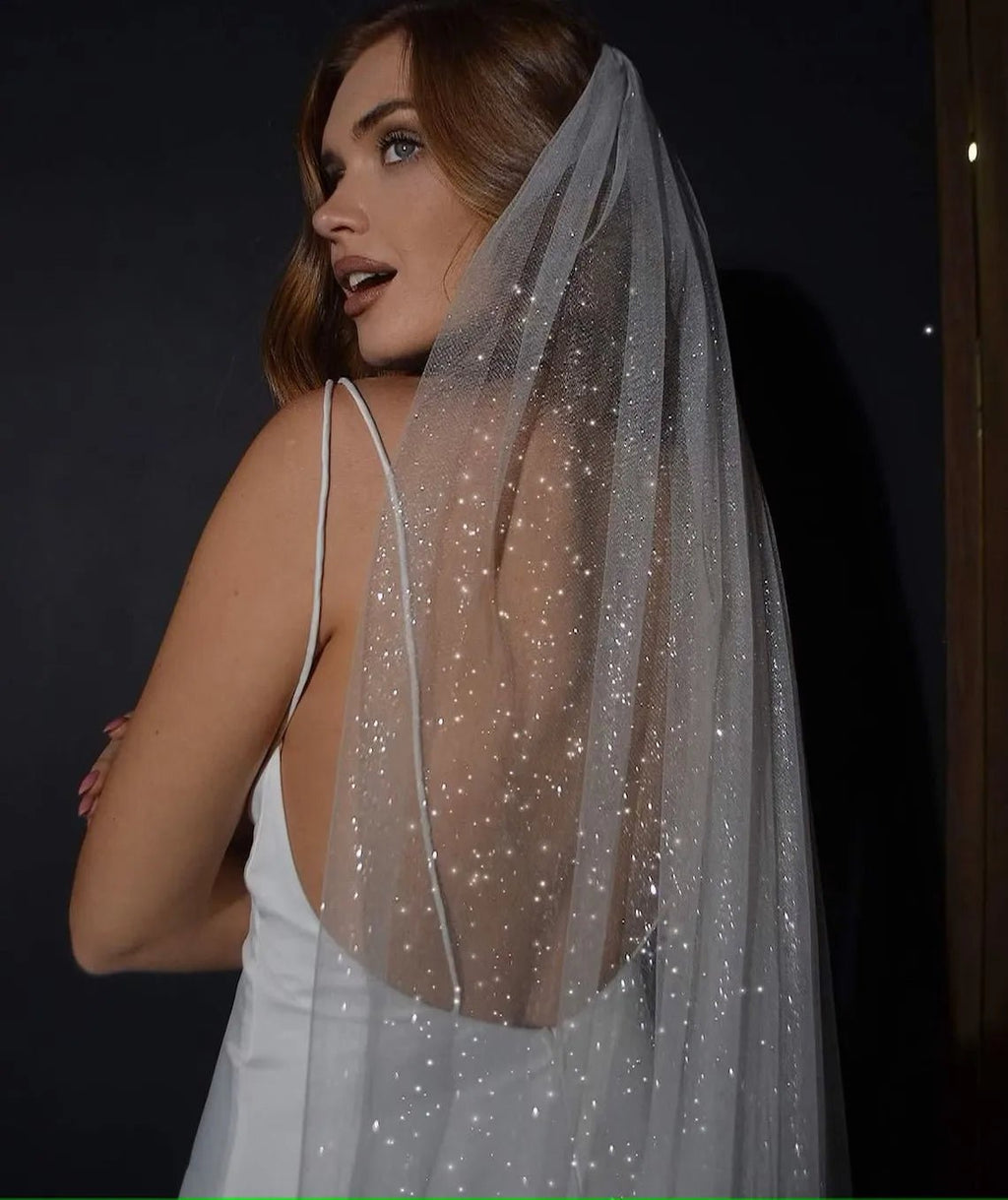 Topqueen V101 Sparking Bridal Veils Long Luxury Golden Bride Wedding Veil Cathedral Champagne Colored Yarn with Sequins Royal - Luzilly Bridal & Apparel