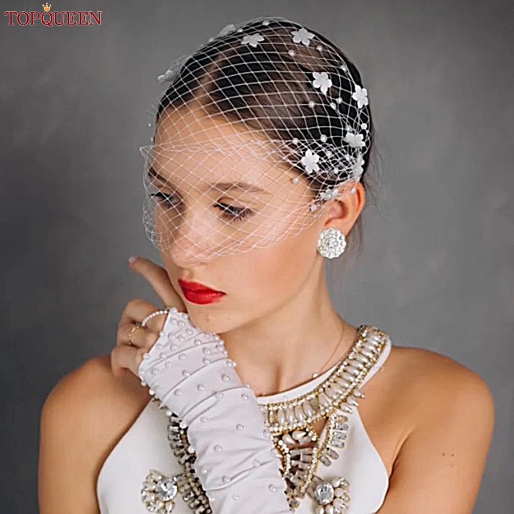 TOPQUEEN VA15 Mini Bridal Veils Blusher Veil Wedding Birdcage Veil with Pearls on the Two Combs Bachelorette Party Accessories - Luzilly Bridal & Apparel