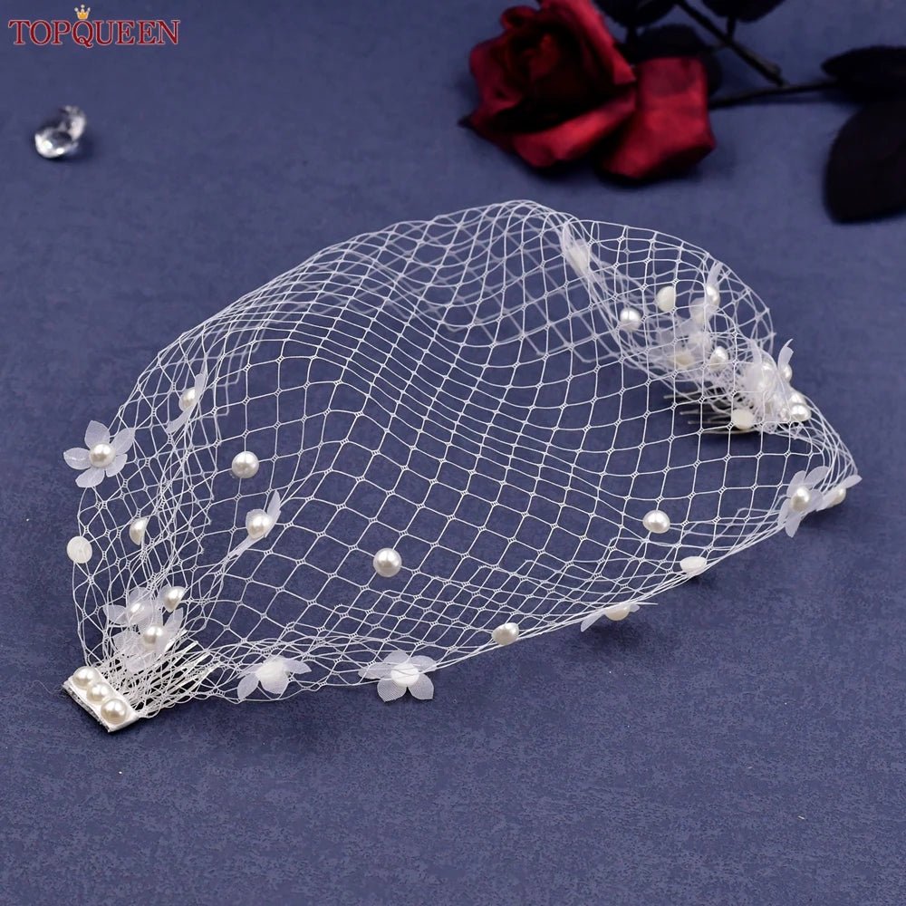 TOPQUEEN VA15 Mini Bridal Veils Blusher Veil Wedding Birdcage Veil with Pearls on the Two Combs Bachelorette Party Accessories - Luzilly Bridal & Apparel