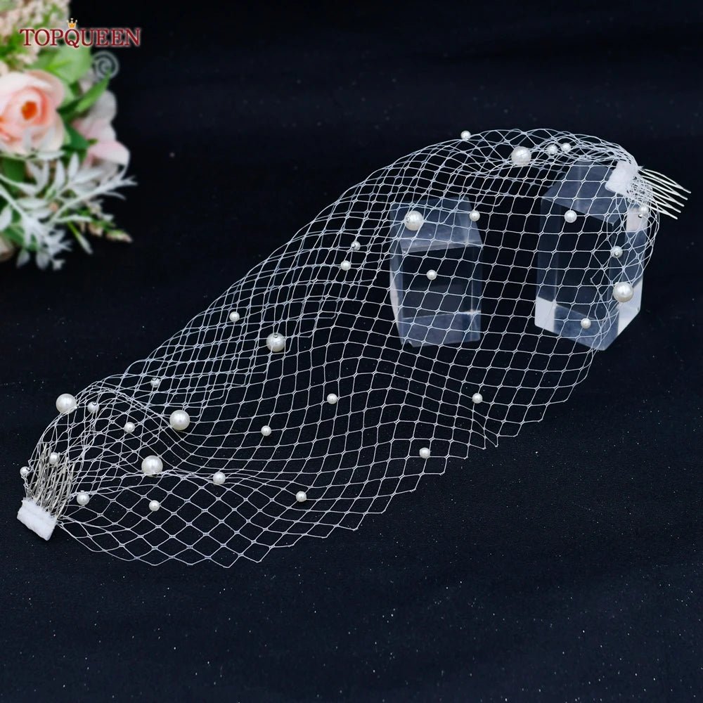 TOPQUEEN VA15 Mini Bridal Veils Blusher Veil Wedding Birdcage Veil with Pearls on the Two Combs Bachelorette Party Accessories - Luzilly Bridal & Apparel