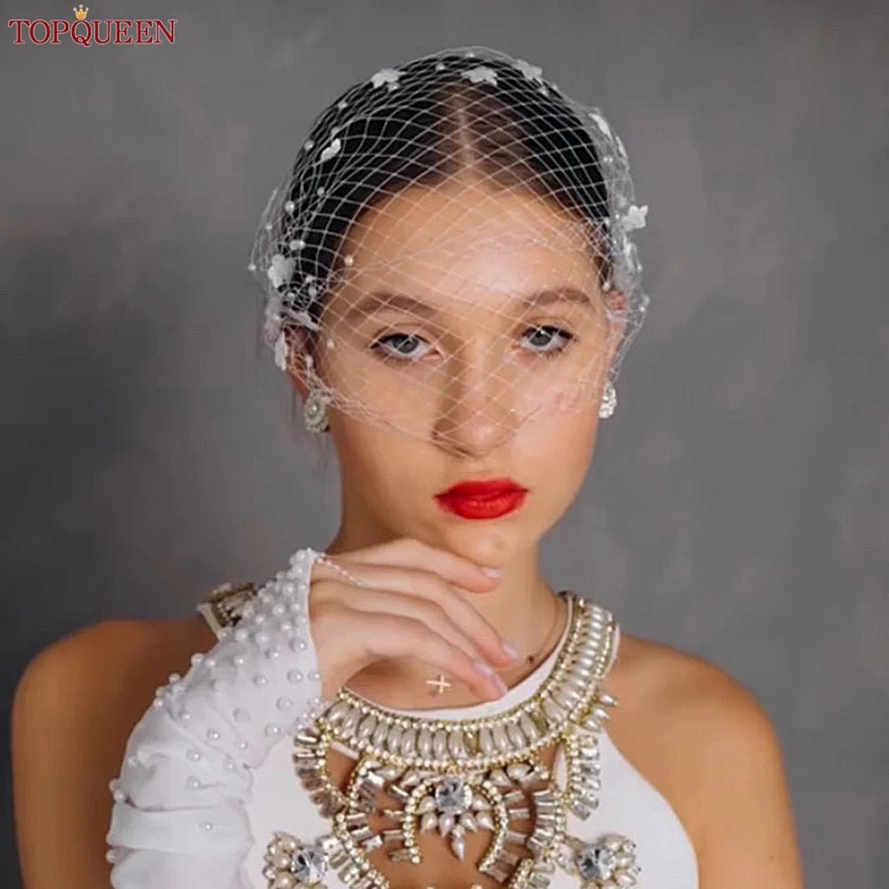 TOPQUEEN VA15 Mini Bridal Veils Blusher Veil Wedding Birdcage Veil with Pearls on the Two Combs Bachelorette Party Accessories - Luzilly Bridal & Apparel
