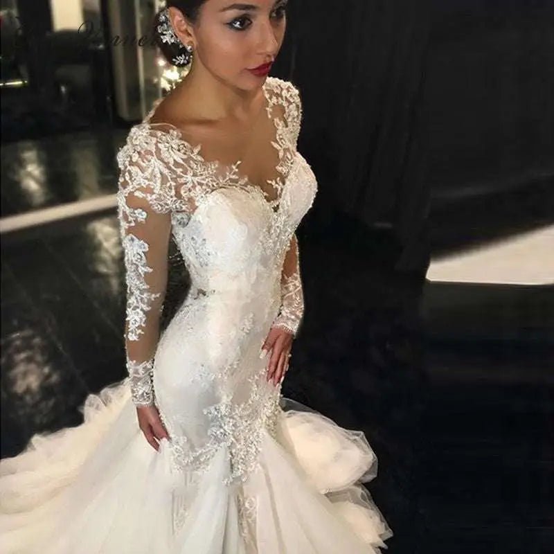 Trailing White Long Lace Wedding Dress - Luzilly Bridal & Apparel
