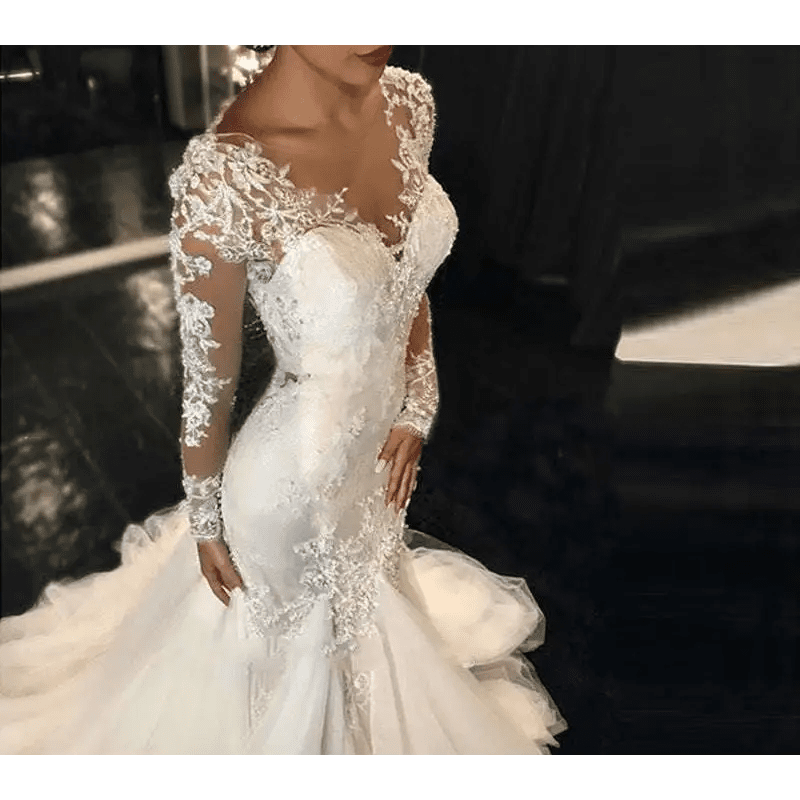 Trailing White Long Lace Wedding Dress - Luzilly Bridal & Apparel