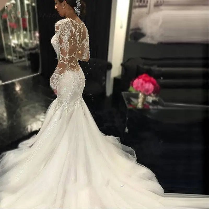 Trailing White Long Lace Wedding Dress - Luzilly Bridal & Apparel
