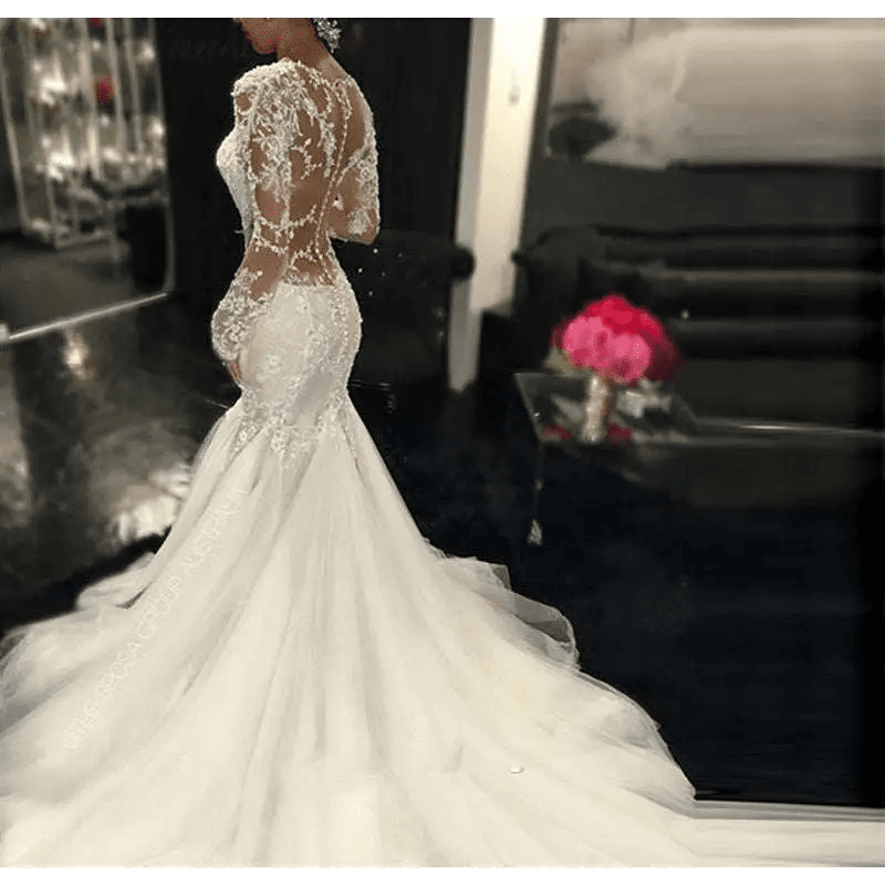 Trailing White Long Lace Wedding Dress - Luzilly Bridal & Apparel