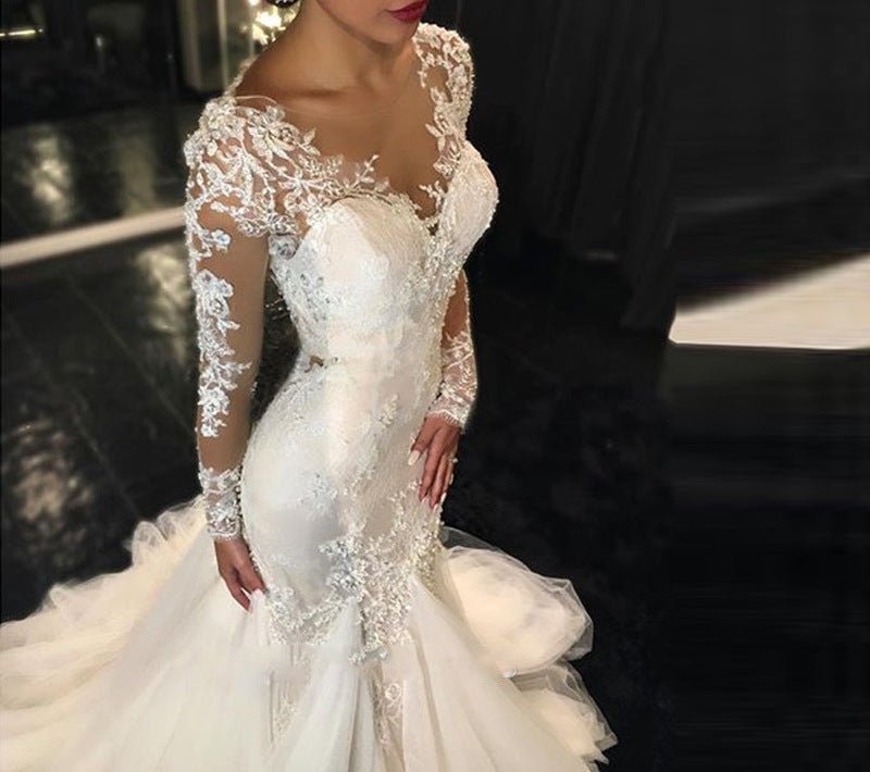 Trailing White Temperament Is Thin And Long Lace Wedding Dress - Luzilly Bridal & Apparel