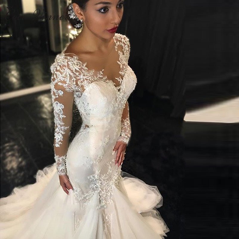 Trailing White Temperament Is Thin And Long Lace Wedding Dress - Luzilly Bridal & Apparel