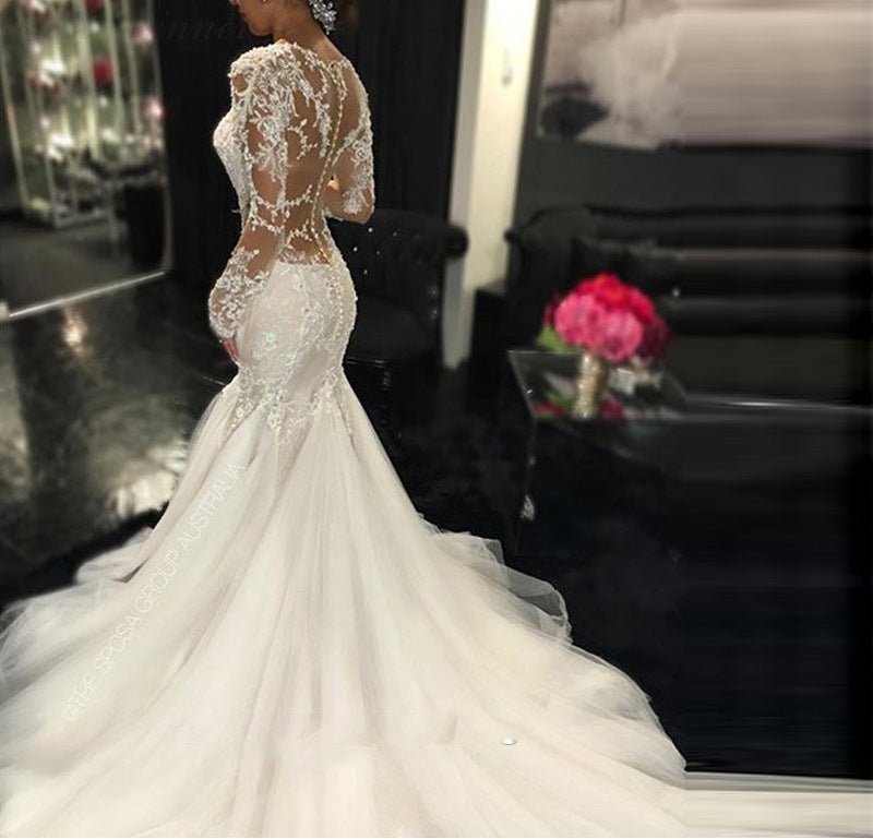 Trailing White Temperament Is Thin And Long Lace Wedding Dress - Luzilly Bridal & Apparel